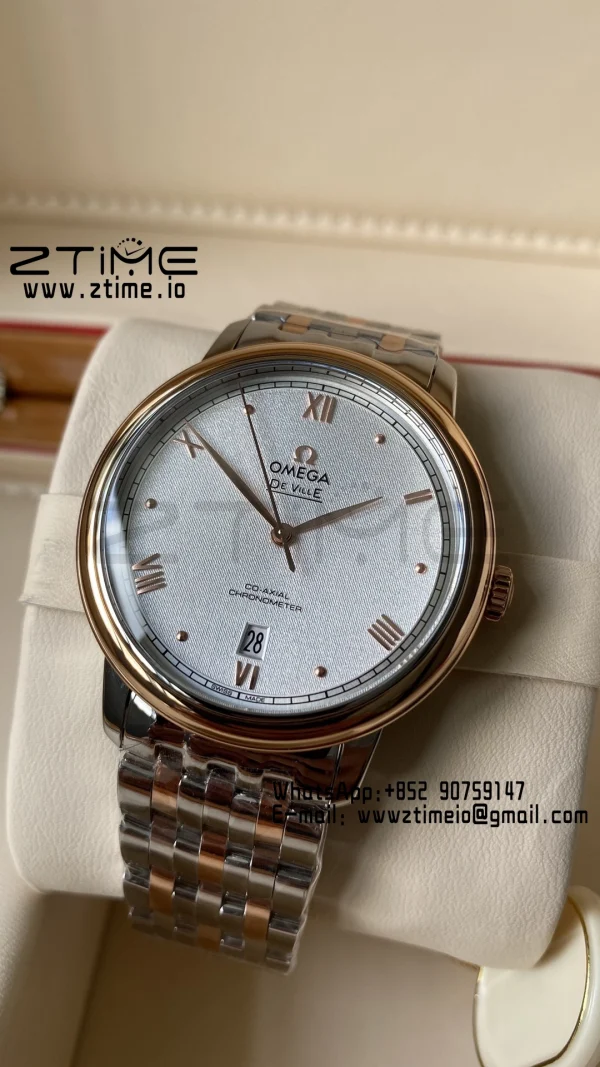 OMEGA De Ville Prestige 39.5mm RG/SS A+F 1:1 Best Edition White Granular Dial RG Markers on Stainless Steel Strap A2500 - Super Clone Watch | 1:1 Best Version