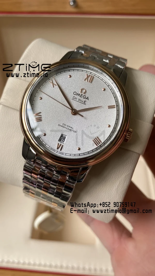 OMEGA De Ville Prestige 39.5mm RG/SS A+F 1:1 Best Edition White Granular Dial RG Markers on Stainless Steel Strap A2500 - Super Clone Watch | 1:1 Best Version