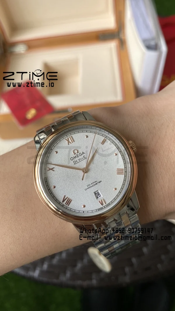 OMEGA De Ville Prestige 39.5mm RG/SS A+F 1:1 Best Edition White Granular Dial RG Markers on Stainless Steel Strap A2500 - Super Clone Watch | 1:1 Best Version