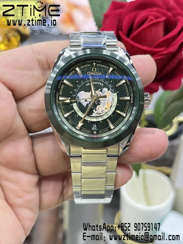 OMEGA Aqua Terra Worldtimer VSF 1:1 Best Edition Green Dial on SS Bracelet A8938 Super Clone - Super Clone Watch | 1:1 Best Version