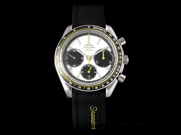 OMEGA Speedmaster Racing Master SS HKF Best Edition Black/White Dial on Black Rubber Strap A7750 - Super Clone Watch | 1:1 Best Version