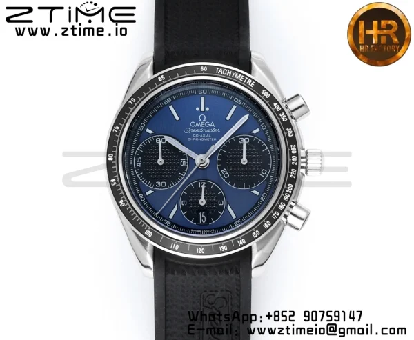 OMEGA Speedmaster Racing Master SS HKF Best Edition Black/Blue Dial on Black Rubber Strap A7750 - Super Clone Watch | 1:1 Best Version