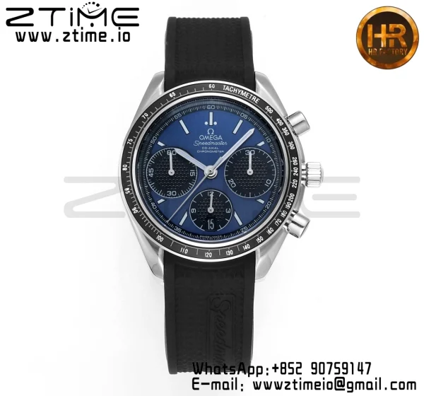 OMEGA Speedmaster Racing Master SS HKF Best Edition Black/Blue Dial on Black Rubber Strap A7750 - Super Clone Watch | 1:1 Best Version