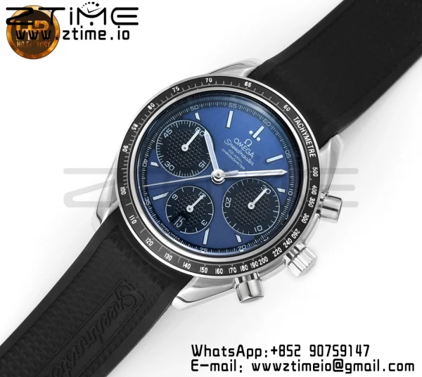 OMEGA Speedmaster Racing Master SS HKF Best Edition Black/Blue Dial on Black Rubber Strap A7750 - Super Clone Watch | 1:1 Best Version