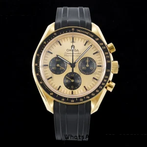 OMEGA Speedmaster Moonwatch in Moonshine Gold YG RMF Best Edition YG Dial on Black Rubber Strap Manual Chrono - Super Clone Watch | 1:1 Best Version