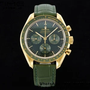 OMEGA Speedmaster Moonwatch in Moonshine Gold YG RMF Best Edition Green Dial on Green Leather Strap Manual Chrono - Super Clone Watch | 1:1 Best Version