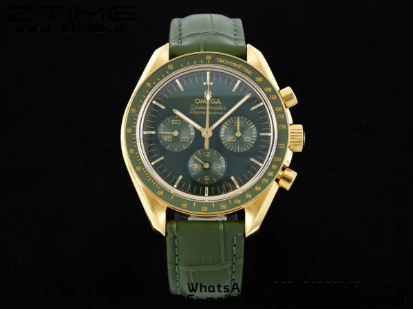 OMEGA Speedmaster Moonwatch in Moonshine Gold YG RMF Best Edition Green Dial on Green Leather Strap Manual Chrono - Super Clone Watch | 1:1 Best Version