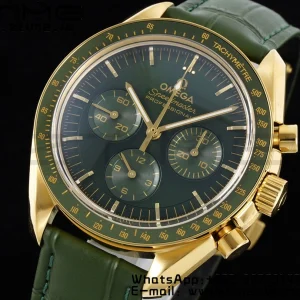OMEGA Speedmaster Moonwatch in Moonshine Gold YG RMF Best Edition Green Dial on Green Leather Strap Manual Chrono - Super Clone Watch | 1:1 Best Version