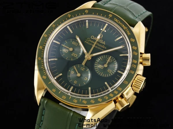OMEGA Speedmaster Moonwatch in Moonshine Gold YG RMF Best Edition Green Dial on Green Leather Strap Manual Chrono - Super Clone Watch | 1:1 Best Version
