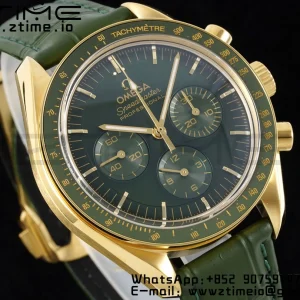 OMEGA Speedmaster Moonwatch in Moonshine Gold YG RMF Best Edition Green Dial on Green Leather Strap Manual Chrono - Super Clone Watch | 1:1 Best Version