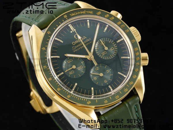 OMEGA Speedmaster Moonwatch in Moonshine Gold YG RMF Best Edition Green Dial on Green Leather Strap Manual Chrono - Super Clone Watch | 1:1 Best Version