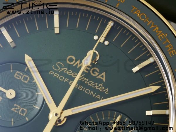 OMEGA Speedmaster Moonwatch in Moonshine Gold YG RMF Best Edition Green Dial on Green Leather Strap Manual Chrono - Super Clone Watch | 1:1 Best Version