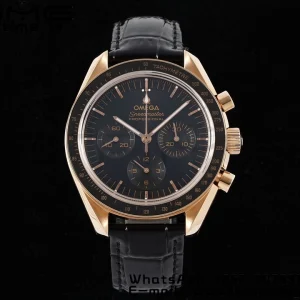 OMEGA Speedmaster Moonwatch in Moonshine Gold YG RMF Best Edition Black Dial on Black Leather Strap Manual Chrono - Super Clone Watch | 1:1 Best Version