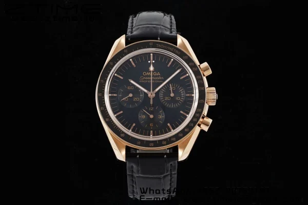 OMEGA Speedmaster Moonwatch in Moonshine Gold YG RMF Best Edition Black Dial on Black Leather Strap Manual Chrono - Super Clone Watch | 1:1 Best Version