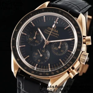 OMEGA Speedmaster Moonwatch in Moonshine Gold YG RMF Best Edition Black Dial on Black Leather Strap Manual Chrono - Super Clone Watch | 1:1 Best Version