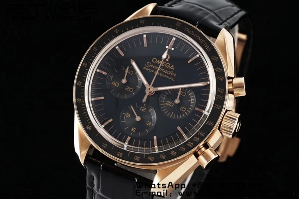 OMEGA Speedmaster Moonwatch in Moonshine Gold YG RMF Best Edition Black Dial on Black Leather Strap Manual Chrono - Super Clone Watch | 1:1 Best Version