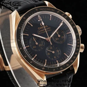 OMEGA Speedmaster Moonwatch in Moonshine Gold YG RMF Best Edition Black Dial on Black Leather Strap Manual Chrono - Super Clone Watch | 1:1 Best Version