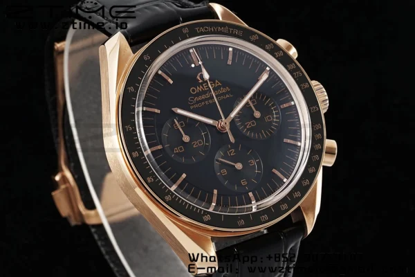 OMEGA Speedmaster Moonwatch in Moonshine Gold YG RMF Best Edition Black Dial on Black Leather Strap Manual Chrono - Super Clone Watch | 1:1 Best Version