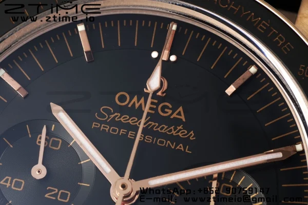 OMEGA Speedmaster Moonwatch in Moonshine Gold YG RMF Best Edition Black Dial on Black Leather Strap Manual Chrono - Super Clone Watch | 1:1 Best Version