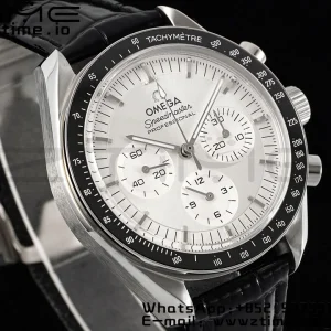 OMEGA Speedmaster Moonwatch in Moonshine SS RMF Best Edition White Dial on Black Leather Strap Manual Chrono - Super Clone Watch | 1:1 Best Version