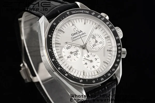 OMEGA Speedmaster Moonwatch in Moonshine SS RMF Best Edition White Dial on Black Leather Strap Manual Chrono - Super Clone Watch | 1:1 Best Version