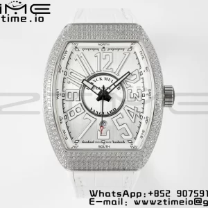 Franck Muller Vanguard V45 SS ABF Best Edition Full Diamonds Case Silver Dial on White Leather Strap A2824 - Super Clone Watch | 1:1 Best Version