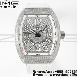 Franck Muller Vanguard V45 SS ABF Best Edition Full Diamonds Dial on White Leather Strap A2824 - Super Clone Watch | 1:1 Best Version