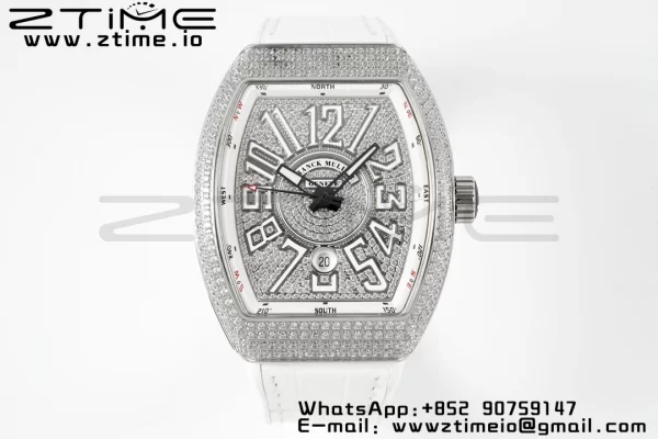 Franck Muller Vanguard V45 SS ABF Best Edition Full Diamonds Dial on White Leather Strap A2824 - Super Clone Watch | 1:1 Best Version