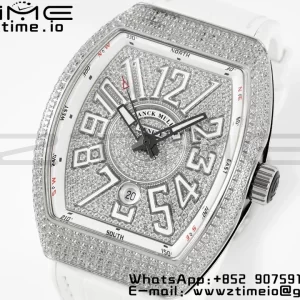 Franck Muller Vanguard V45 SS ABF Best Edition Full Diamonds Dial on White Leather Strap A2824 - Super Clone Watch | 1:1 Best Version