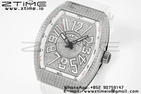 Franck Muller Vanguard V45 SS ABF Best Edition Full Diamonds Dial on White Leather Strap A2824 - Super Clone Watch | 1:1 Best Version