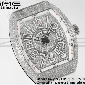 Franck Muller Vanguard V45 SS ABF Best Edition Full Diamonds Dial on White Leather Strap A2824 - Super Clone Watch | 1:1 Best Version