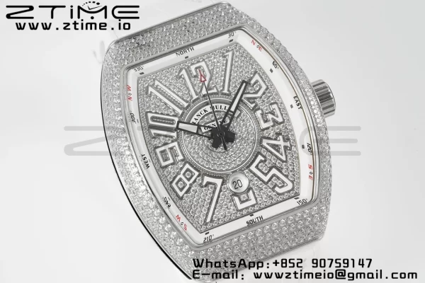 Franck Muller Vanguard V45 SS ABF Best Edition Full Diamonds Dial on White Leather Strap A2824 - Super Clone Watch | 1:1 Best Version
