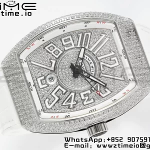 Franck Muller Vanguard V45 SS ABF Best Edition Full Diamonds Dial on White Leather Strap A2824 - Super Clone Watch | 1:1 Best Version