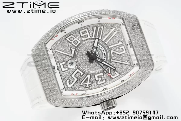 Franck Muller Vanguard V45 SS ABF Best Edition Full Diamonds Dial on White Leather Strap A2824 - Super Clone Watch | 1:1 Best Version