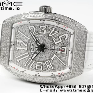 Franck Muller Vanguard V45 SS ABF Best Edition Full Diamonds Dial on White Leather Strap A2824 - Super Clone Watch | 1:1 Best Version