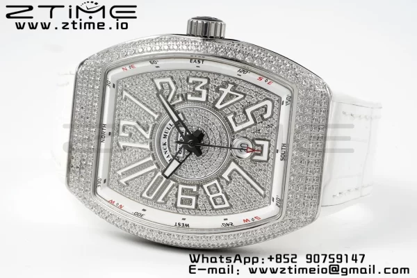 Franck Muller Vanguard V45 SS ABF Best Edition Full Diamonds Dial on White Leather Strap A2824 - Super Clone Watch | 1:1 Best Version