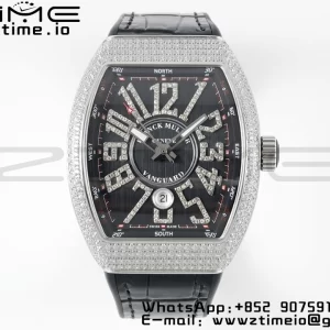 Franck MullerFranck Muller Vanguard V45 SS ABF Best Edition Black Diamonds Dial on Black Leather Strap A2824 - Super Clone Watch | 1:1 Best Version