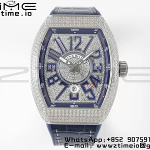Franck MullerFranck Muller Vanguard V45 SS ABF Best Edition Blue Full Diamonds Dial on Blue Leather Strap A2824 - Super Clone Watch | 1:1 Best Version