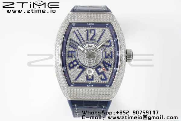Franck MullerFranck Muller Vanguard V45 SS ABF Best Edition Blue Full Diamonds Dial on Blue Leather Strap A2824 - Super Clone Watch | 1:1 Best Version