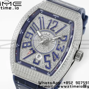 Franck MullerFranck Muller Vanguard V45 SS ABF Best Edition Blue Full Diamonds Dial on Blue Leather Strap A2824 - Super Clone Watch | 1:1 Best Version
