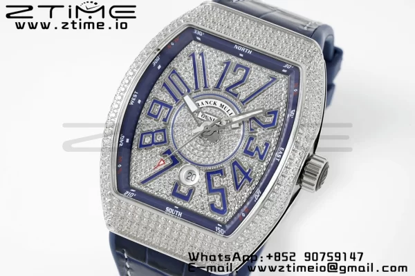 Franck MullerFranck Muller Vanguard V45 SS ABF Best Edition Blue Full Diamonds Dial on Blue Leather Strap A2824 - Super Clone Watch | 1:1 Best Version