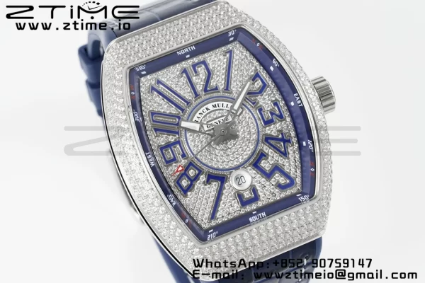 Franck MullerFranck Muller Vanguard V45 SS ABF Best Edition Blue Full Diamonds Dial on Blue Leather Strap A2824 - Super Clone Watch | 1:1 Best Version