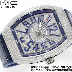 Franck MullerFranck Muller Vanguard V45 SS ABF Best Edition Blue Full Diamonds Dial on Blue Leather Strap A2824 - Super Clone Watch | 1:1 Best Version