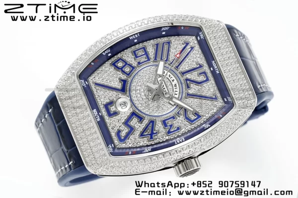Franck MullerFranck Muller Vanguard V45 SS ABF Best Edition Blue Full Diamonds Dial on Blue Leather Strap A2824 - Super Clone Watch | 1:1 Best Version