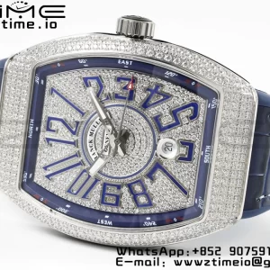 Franck MullerFranck Muller Vanguard V45 SS ABF Best Edition Blue Full Diamonds Dial on Blue Leather Strap A2824 - Super Clone Watch | 1:1 Best Version