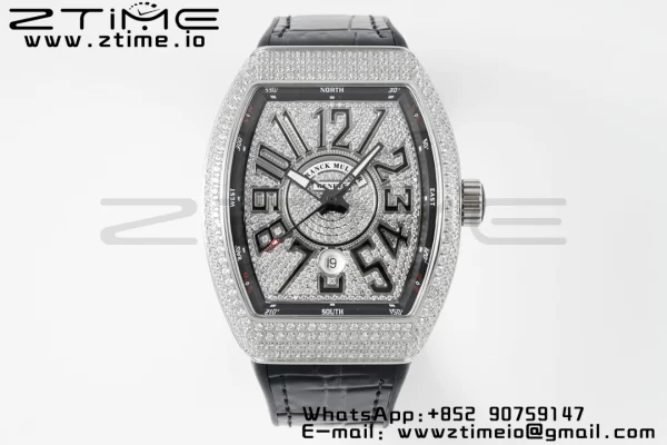 Franck MullerFranck MullerFranck Muller Vanguard V45 SS ABF Best Edition Quadrante nero con diamanti su cinturino in pelle nera A2824 - Orologio super clone | 1:1 Versione migliore