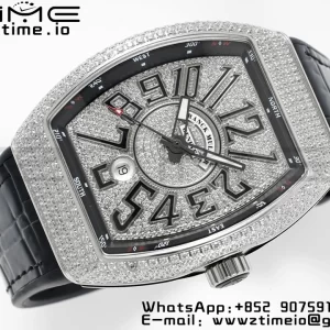 Franck MullerFranck MullerFranck Muller Vanguard V45 SS ABF Best Edition Quadrante nero con diamanti su cinturino in pelle nera A2824 - Orologio super clone | 1:1 Versione migliore