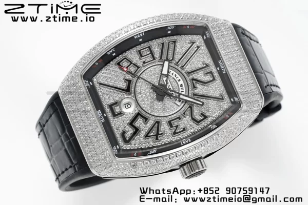 Franck MullerFranck MullerFranck Muller Vanguard V45 SS ABF Best Edition Quadrante nero con diamanti su cinturino in pelle nera A2824 - Orologio super clone | 1:1 Versione migliore