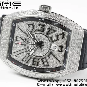Franck MullerFranck MullerFranck Muller Vanguard V45 SS ABF Best Edition Quadrante nero con diamanti su cinturino in pelle nera A2824 - Orologio super clone | 1:1 Versione migliore