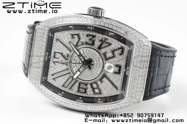 Franck MullerFranck MullerFranck Muller Vanguard V45 SS ABF Best Edition Quadrante nero con diamanti su cinturino in pelle nera A2824 - Orologio super clone | 1:1 Versione migliore